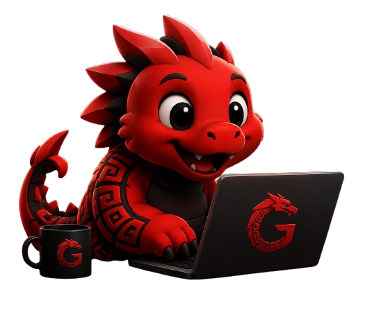 Mascota de GARBED trabajando en una laptop